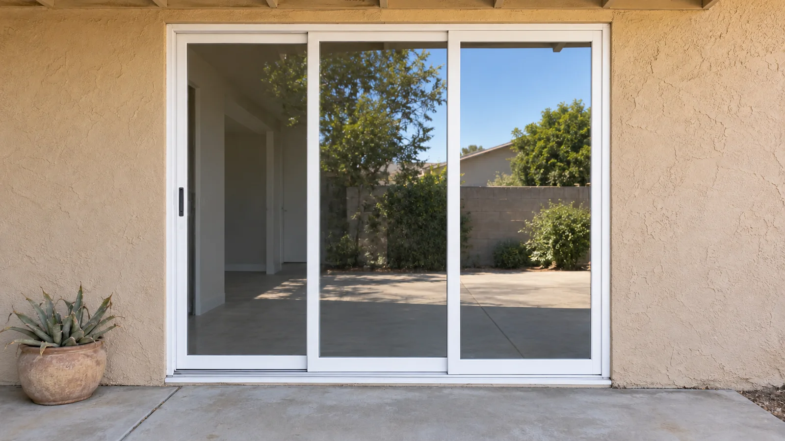 New three-panel white-framed sliding patio door in the same opening, beside the same potted agave