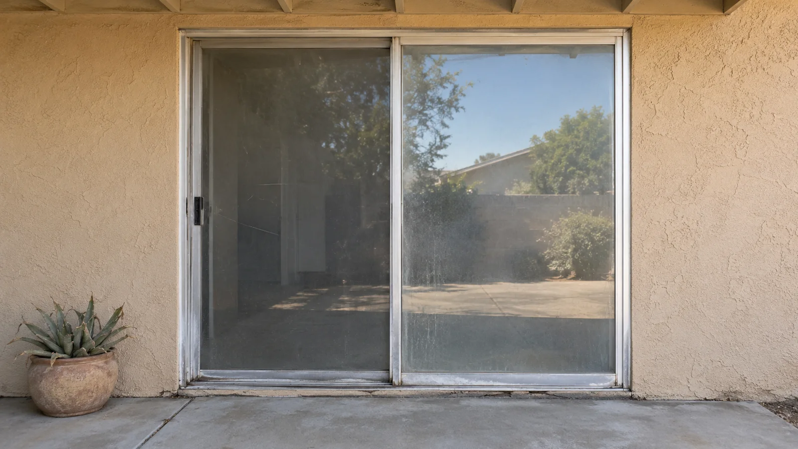 Old oxidized two-panel aluminum patio slider with scratched glass beside a potted agave