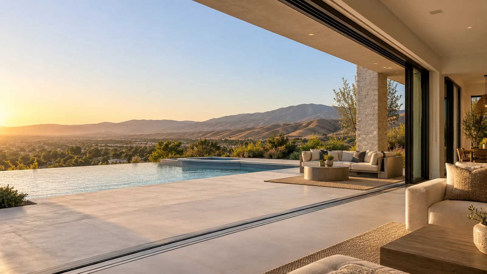 Multi-slide glass door wall open onto a covered patio and pool at sunset, foothills beyond