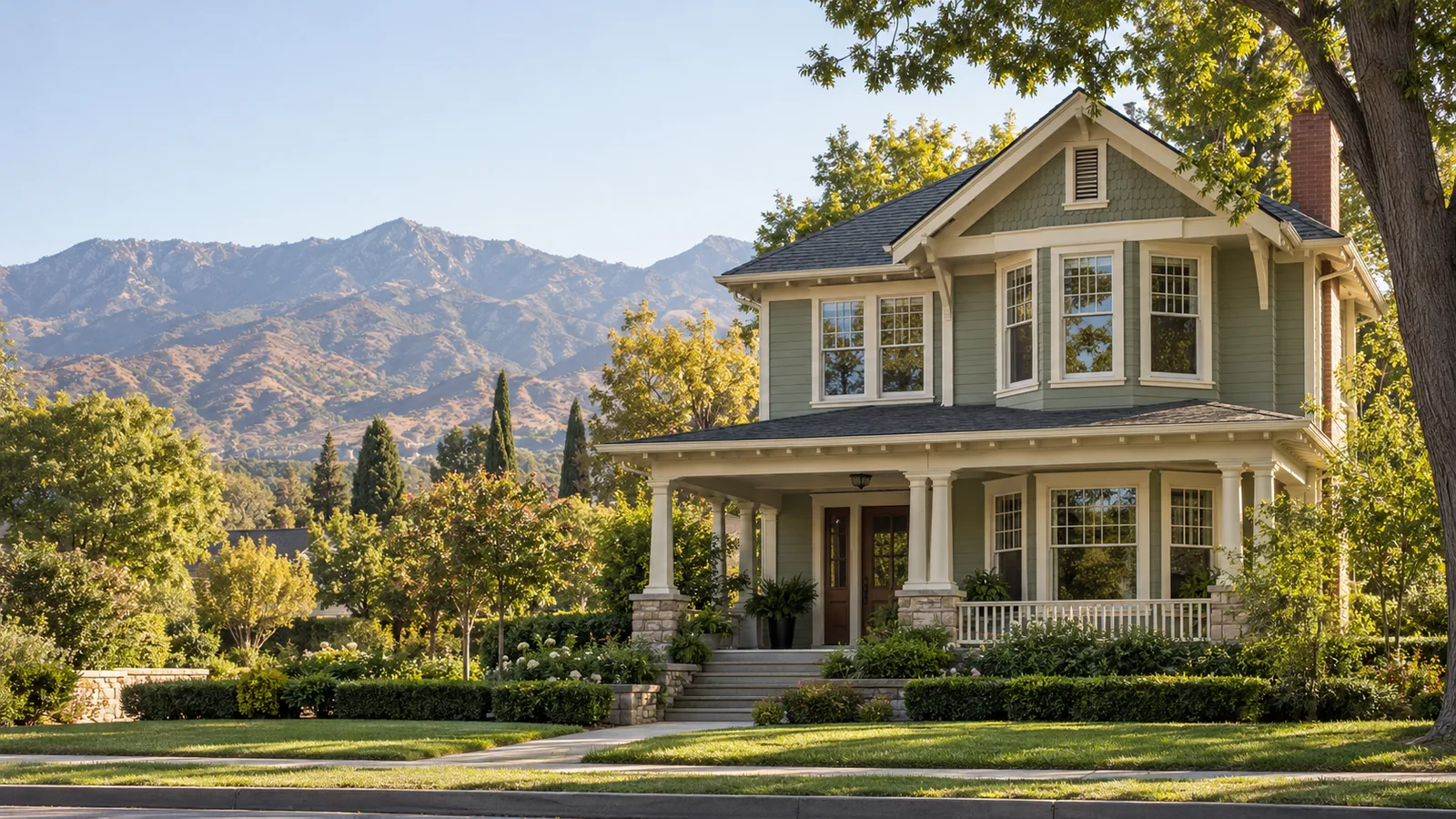 Restored sage-green Craftsman house with tall white double-hung windows, a deep front porch and mature trees