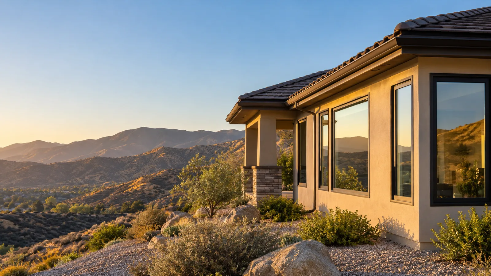 Foothill home with a tile roof and dark-framed dual-pane windows above a gravel and chaparral slope with rolling mountains beyond
