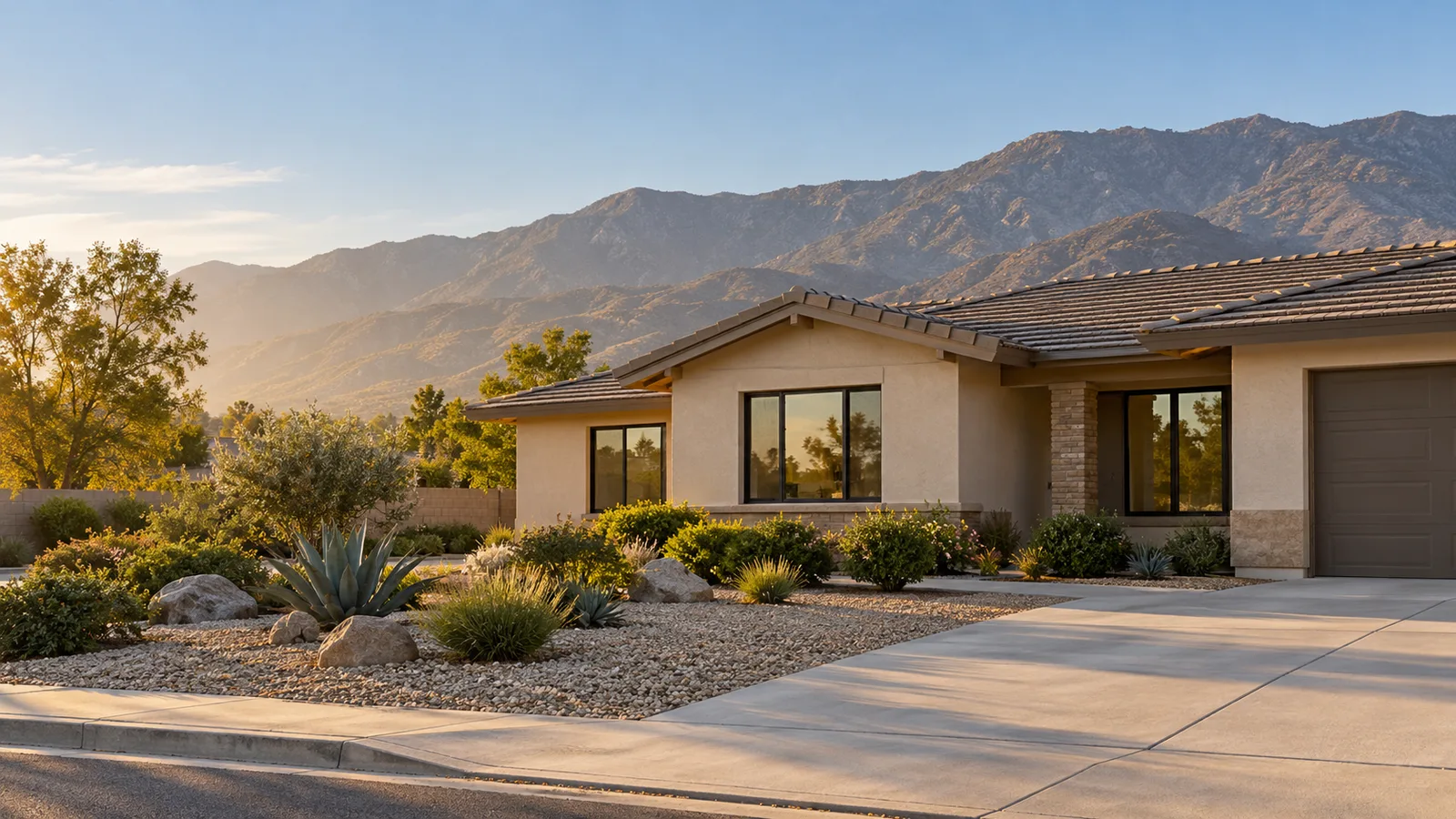Single-storey tan stucco ranch home with a tile roof, new dark-framed windows and a gravel and agave yard, mountains behind at golden hour