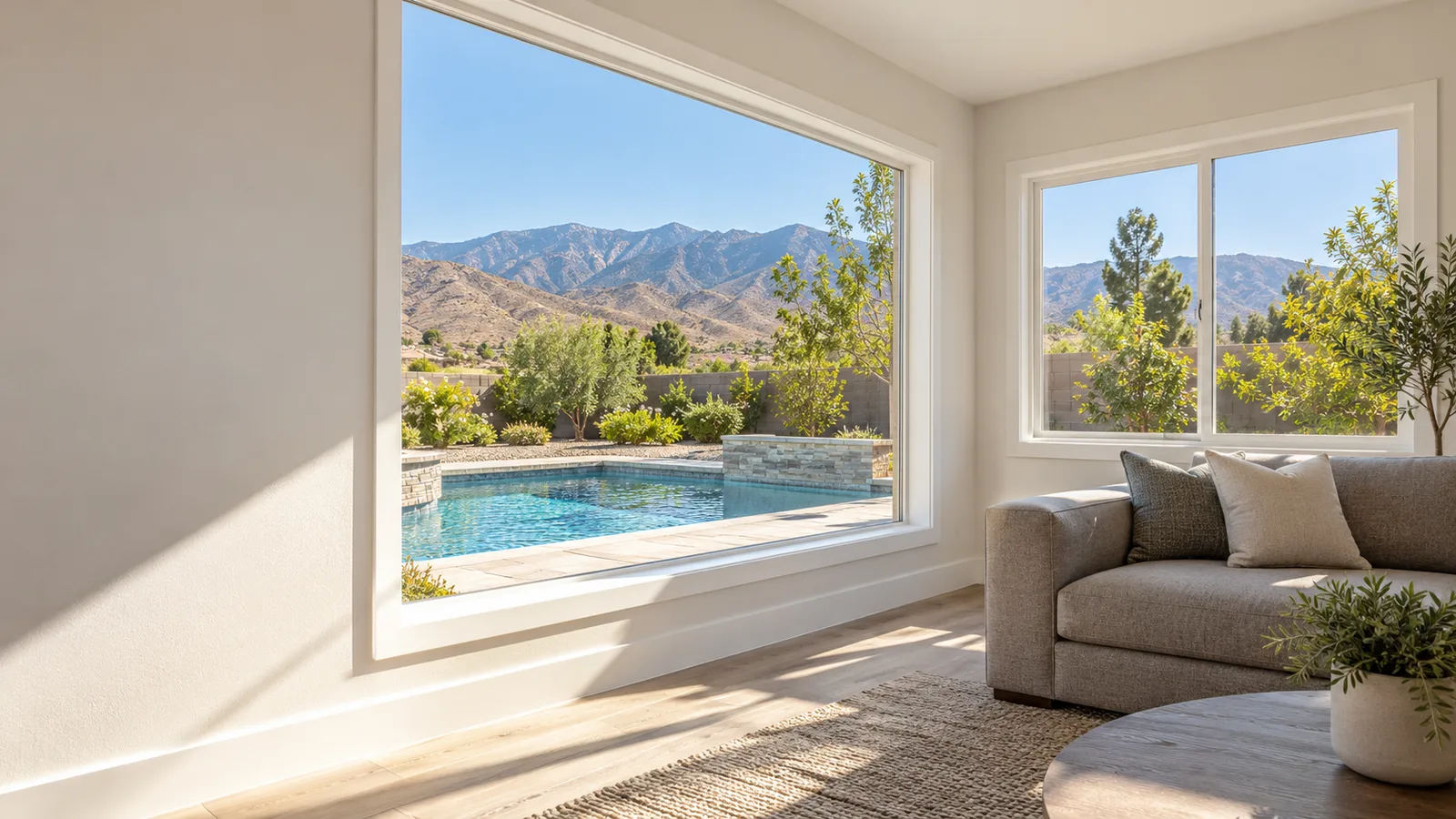Bright living room with a large white-framed picture window and a slider looking onto a backyard pool and dry mountains