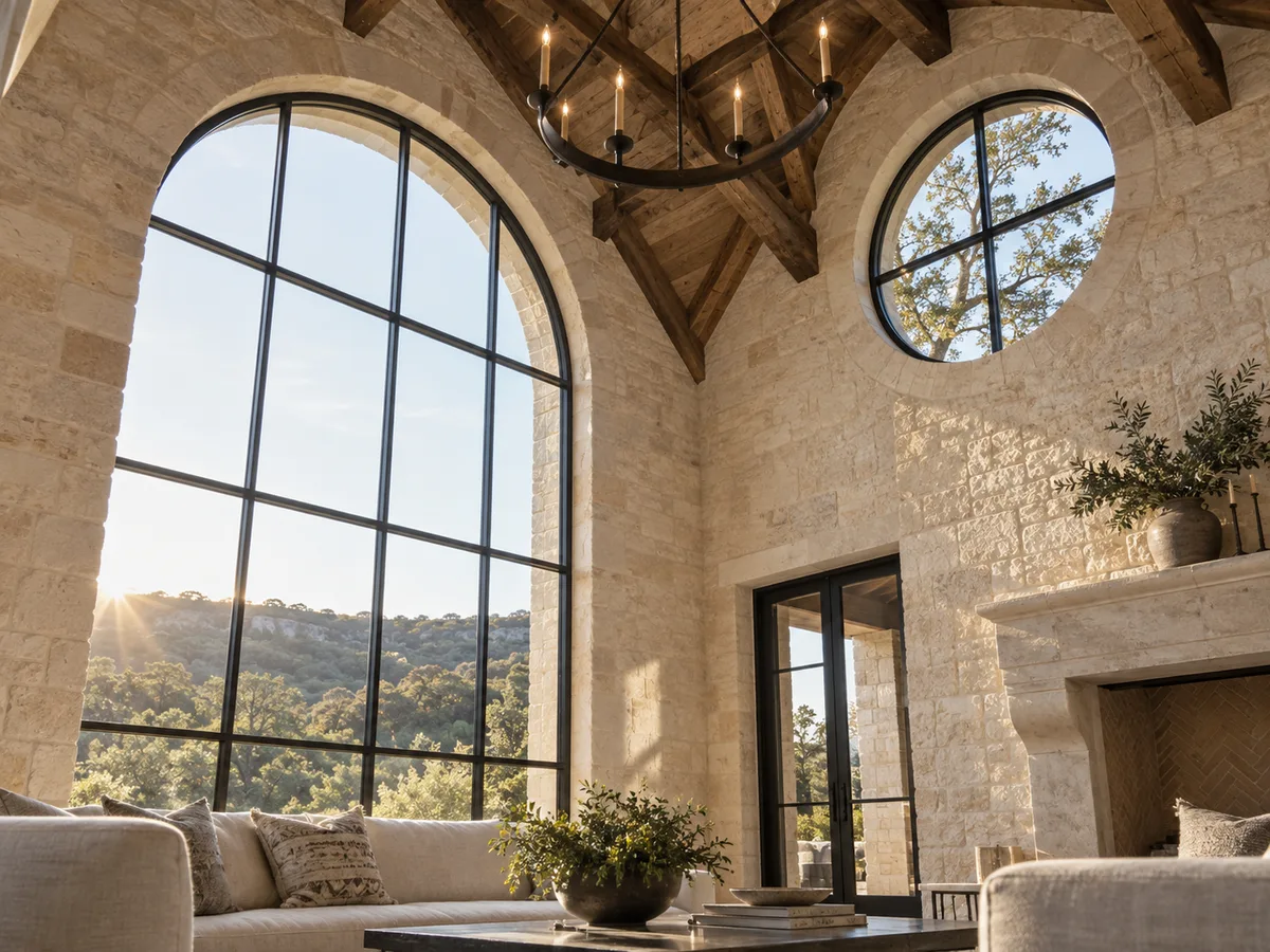 Arched and round windows in San Bernardino: a tall arched black-framed window and a round window in a vaulted stone room