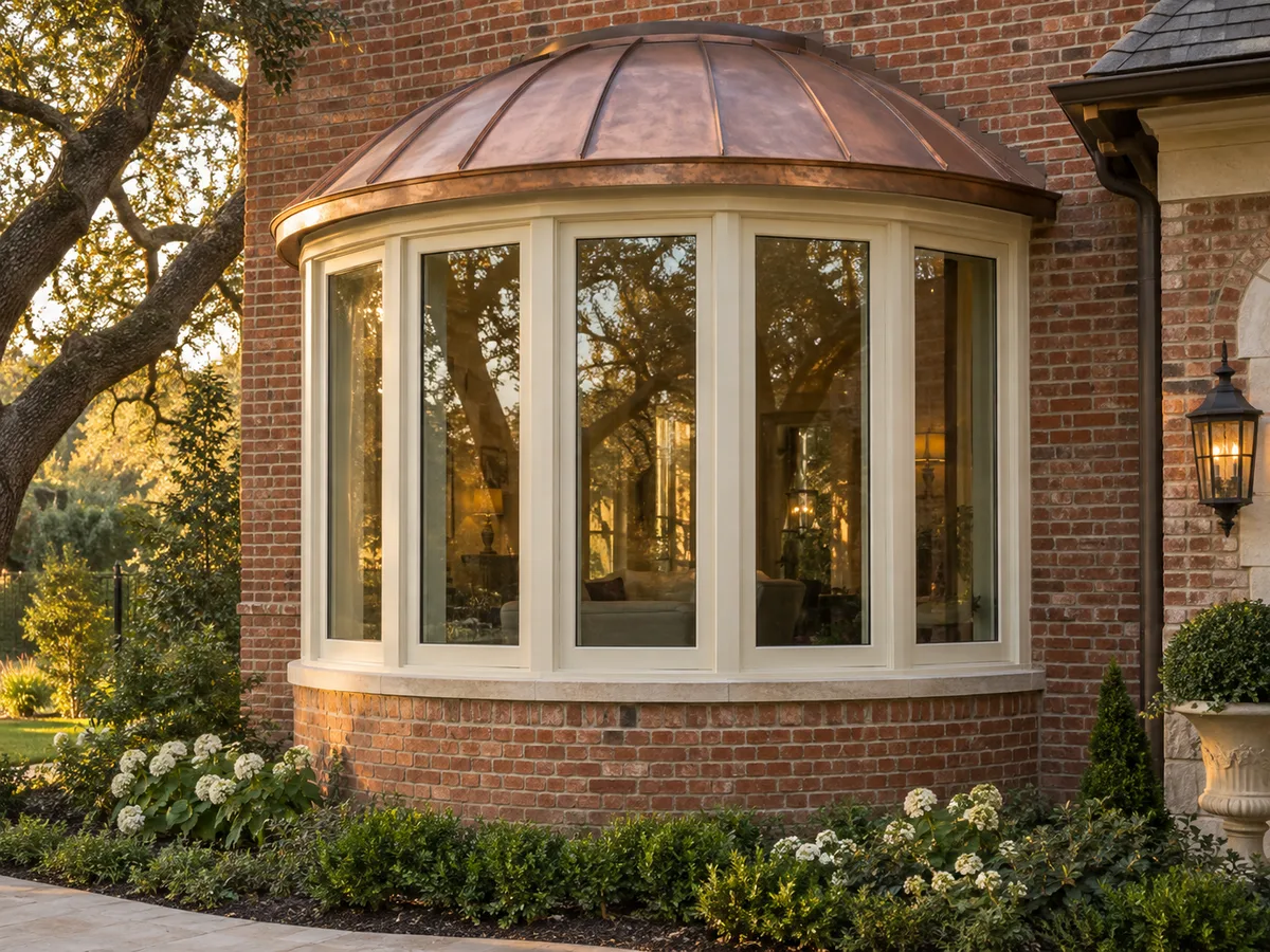 Bay and bow windows in San Bernardino: a curved five-panel bow window with a copper roof on a brick house