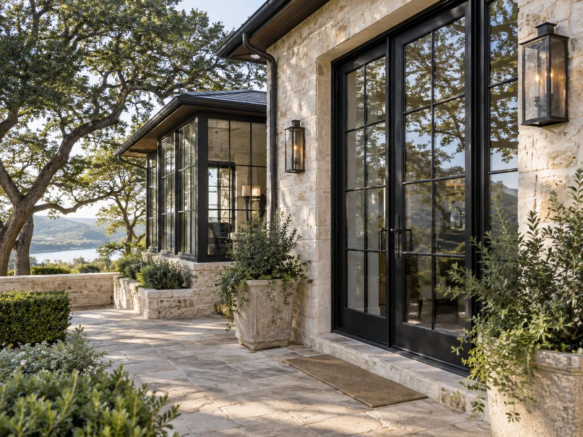 Black-frame windows in San Bernardino: black steel-look French doors and divided-lite windows beside a patio