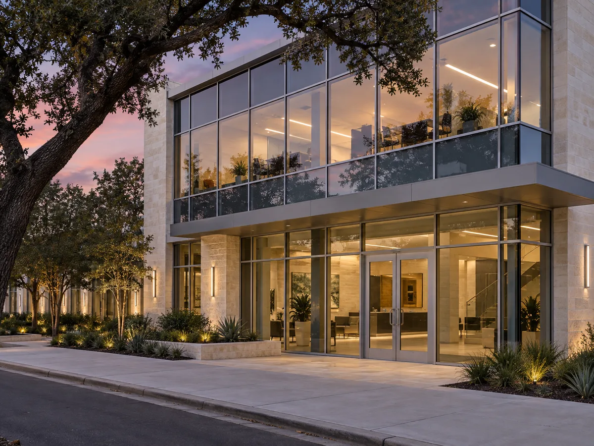 Commercial window glazing in San Bernardino: a two-storey office building with a glass curtain wall and storefront entrance at dusk