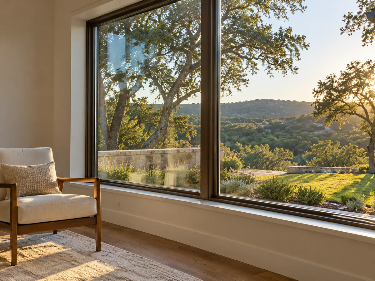 Energy-efficient windows in San Bernardino: a large dual-pane window with a chair and a sunlit view outside