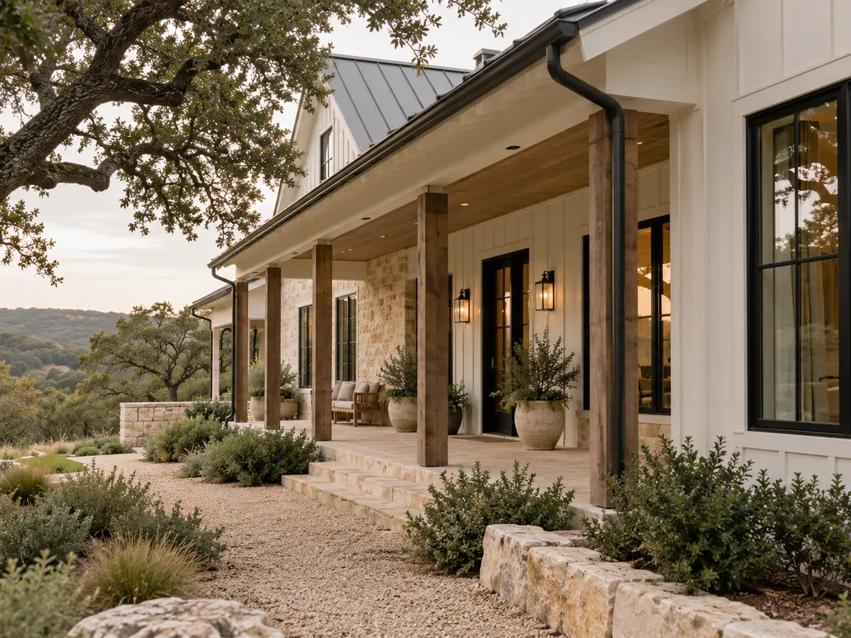 Fiberglass windows in San Bernardino: black-framed windows on a white farmhouse porch