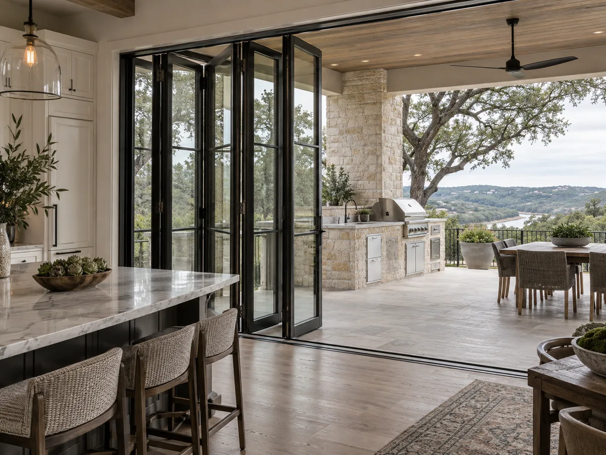 Patio and French doors in San Bernardino: a bi-fold glass door wall between a kitchen island and a covered patio