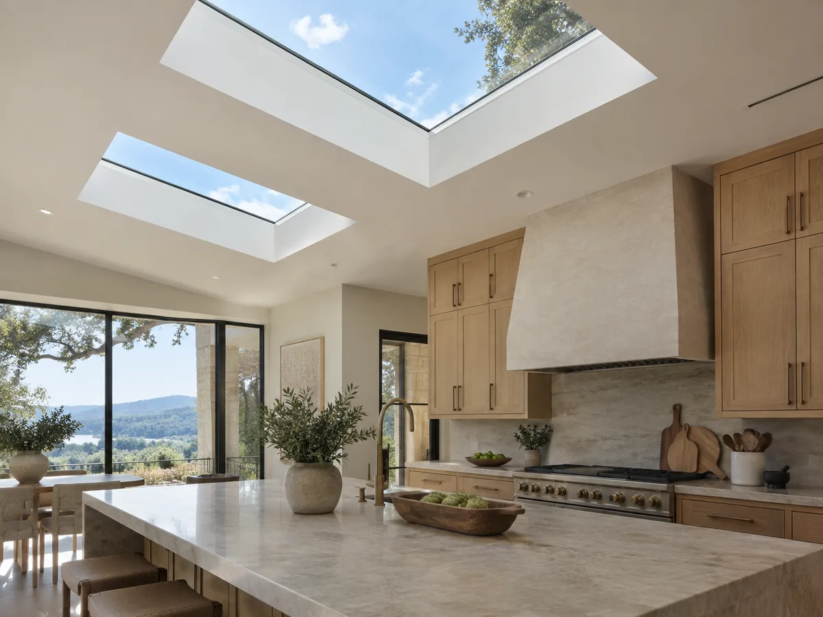 Skylights in San Bernardino: two flat skylights lighting a kitchen with a stone island