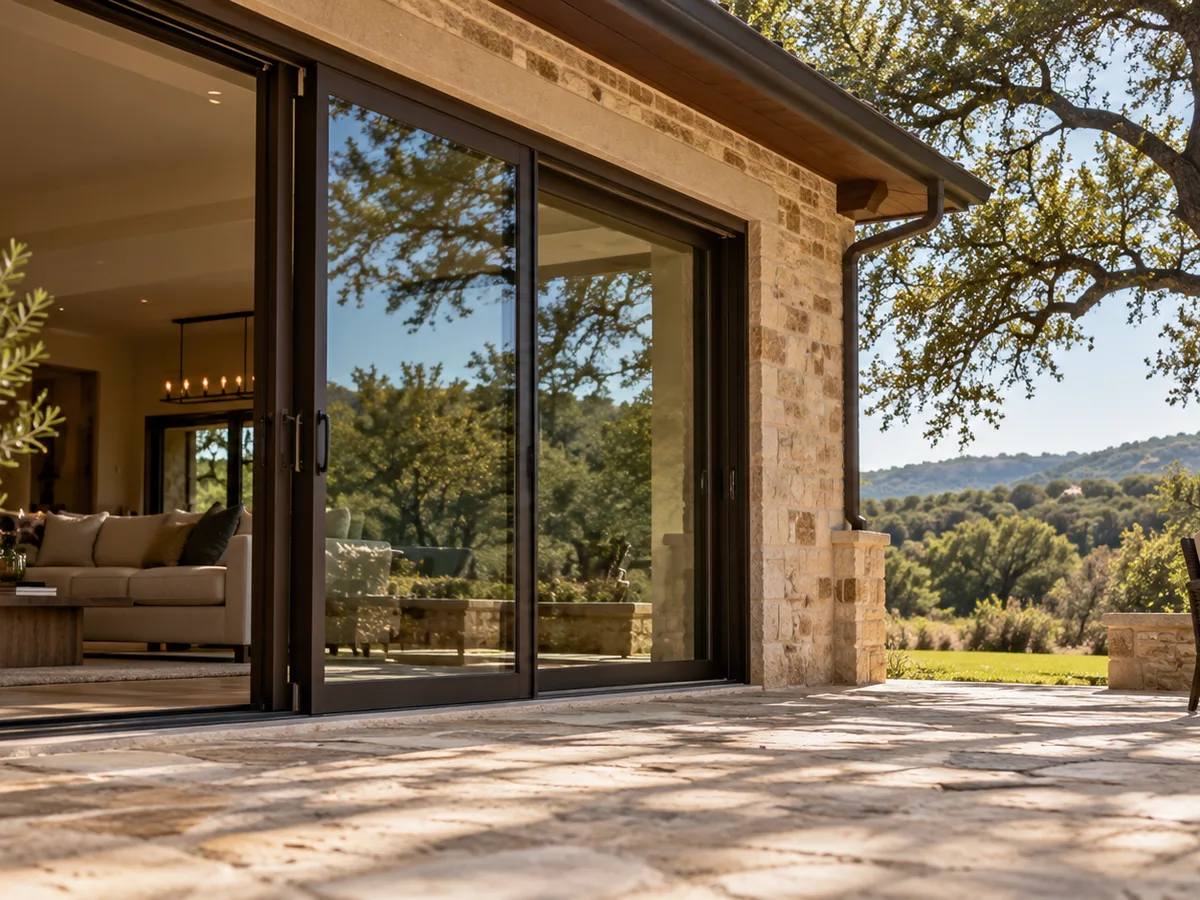 Sliding patio doors in San Bernardino: a large sliding glass door onto a stone patio
