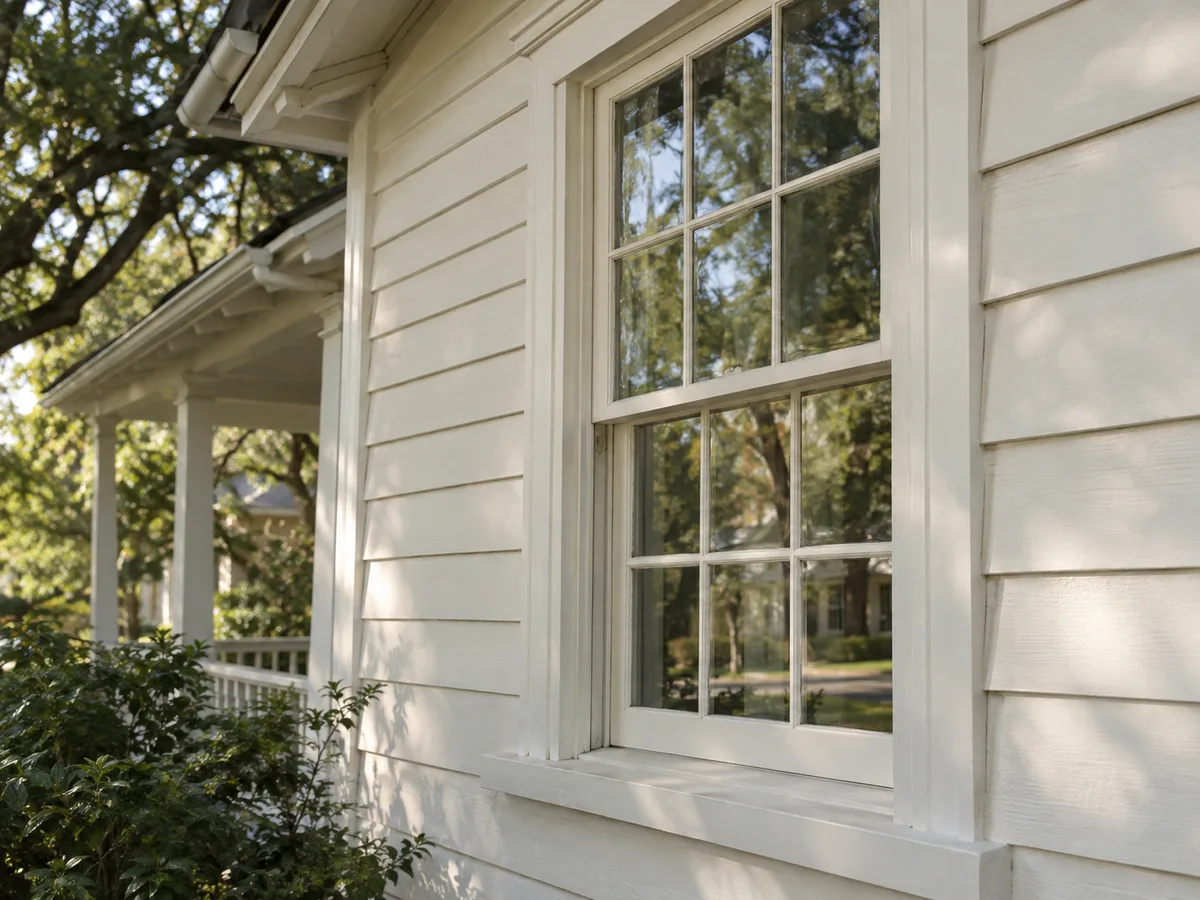 Victorian and Craftsman wood windows in San Bernardino: a white double-hung window with divided panes on a clapboard house