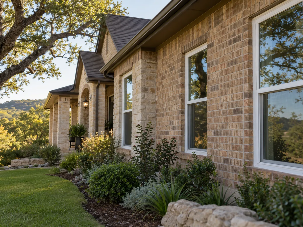 Vinyl windows in San Bernardino: white-framed windows on a brick home