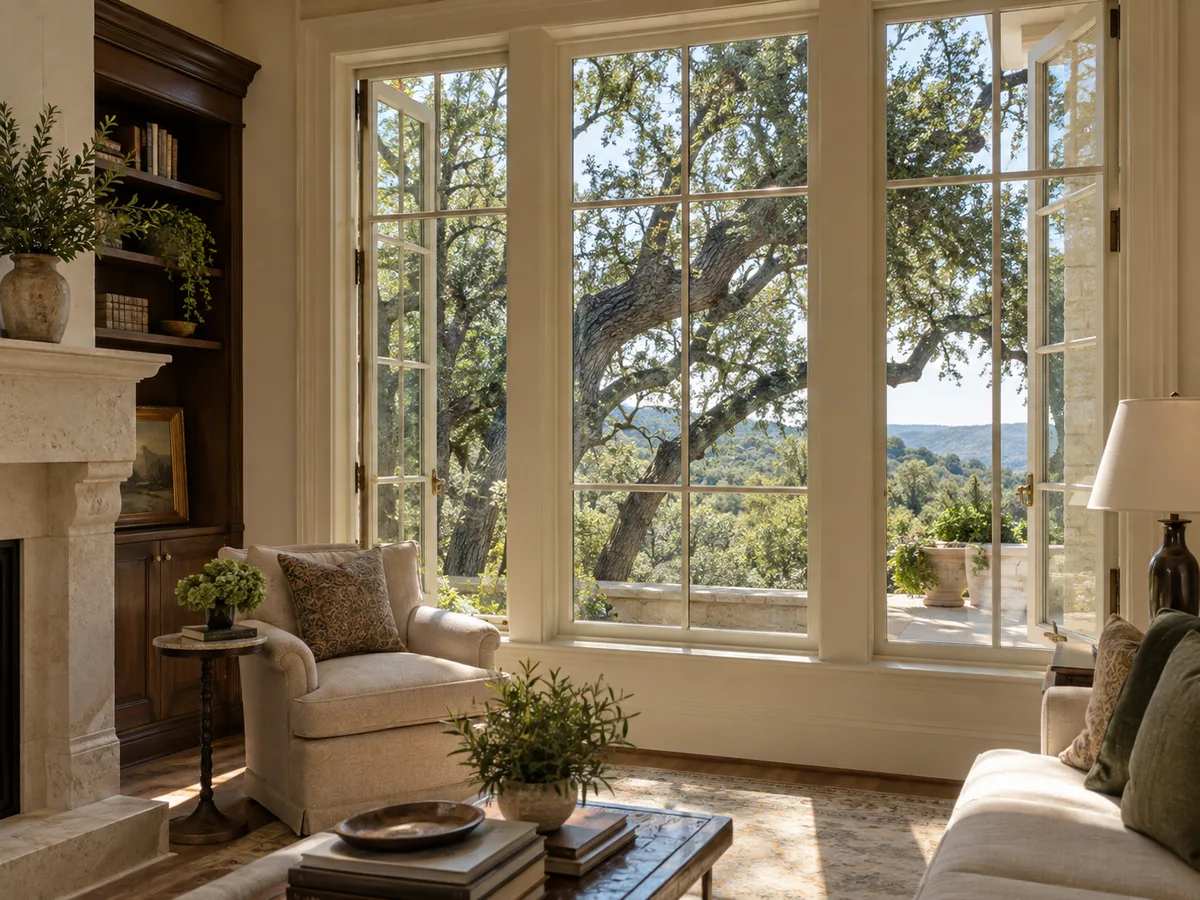 Wood-clad windows in San Bernardino: tall clad-wood casement windows in a living room
