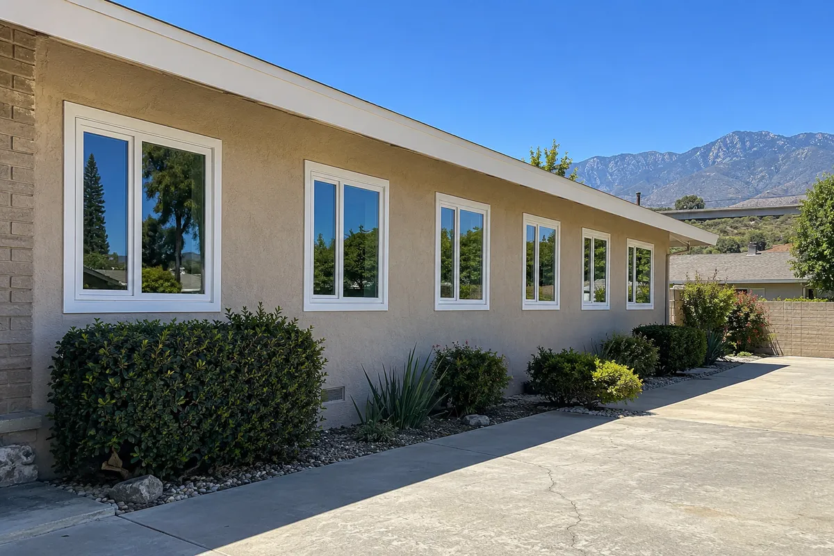 Single-story stucco ranch home with a row of new white vinyl casement windows along the street-side wall and mountains behind
