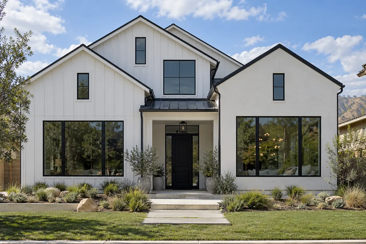 Modern farmhouse with white board-and-batten siding and black-framed casement and fixed windows on the front