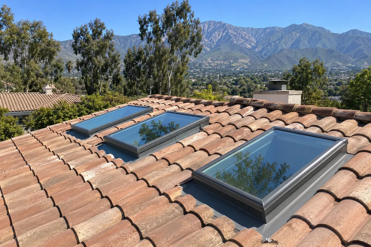 Three new glass skylights set into a clay tile roof with mountains and eucalyptus trees behind