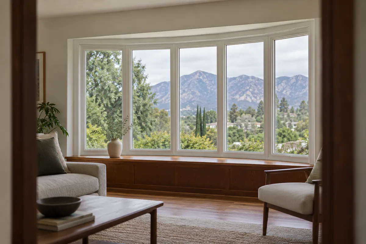 Living room bow window with five panes and a wood window seat looking out to a mountain view
