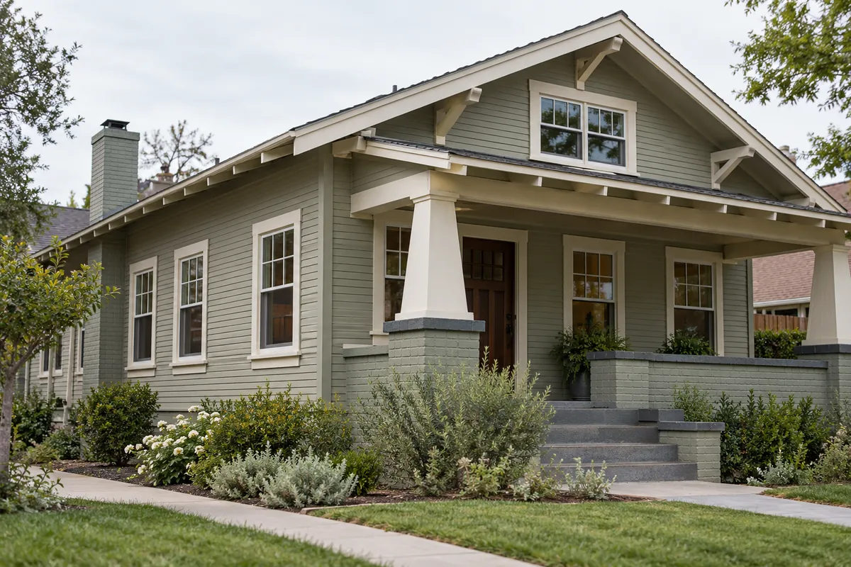 Gray-green Craftsman bungalow with a deep porch and new white double-hung windows with divided upper lites