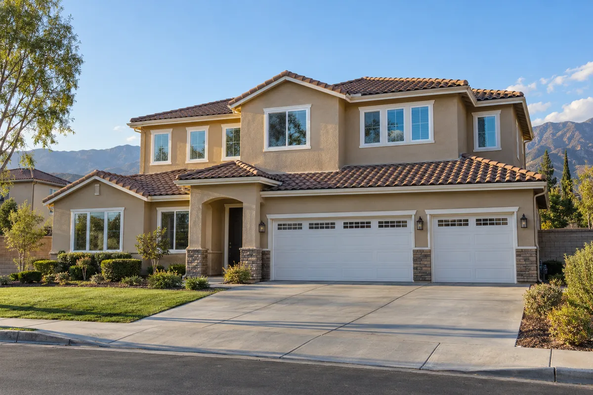 Two-story beige stucco tract home with a tile roof and new white vinyl windows on the upper and lower floors, mountains in the distance