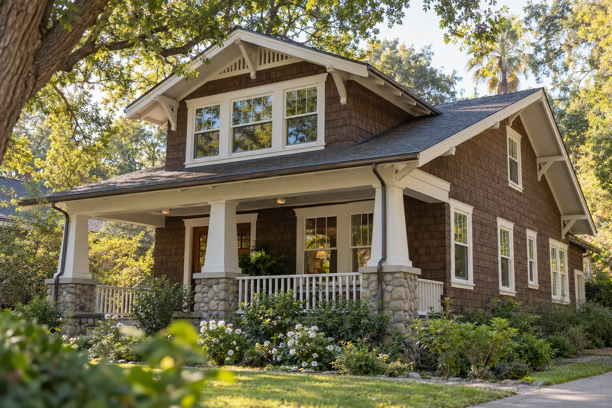 Brown shingled Craftsman home with white clad-wood double-hung windows and a stone-based porch under tall trees