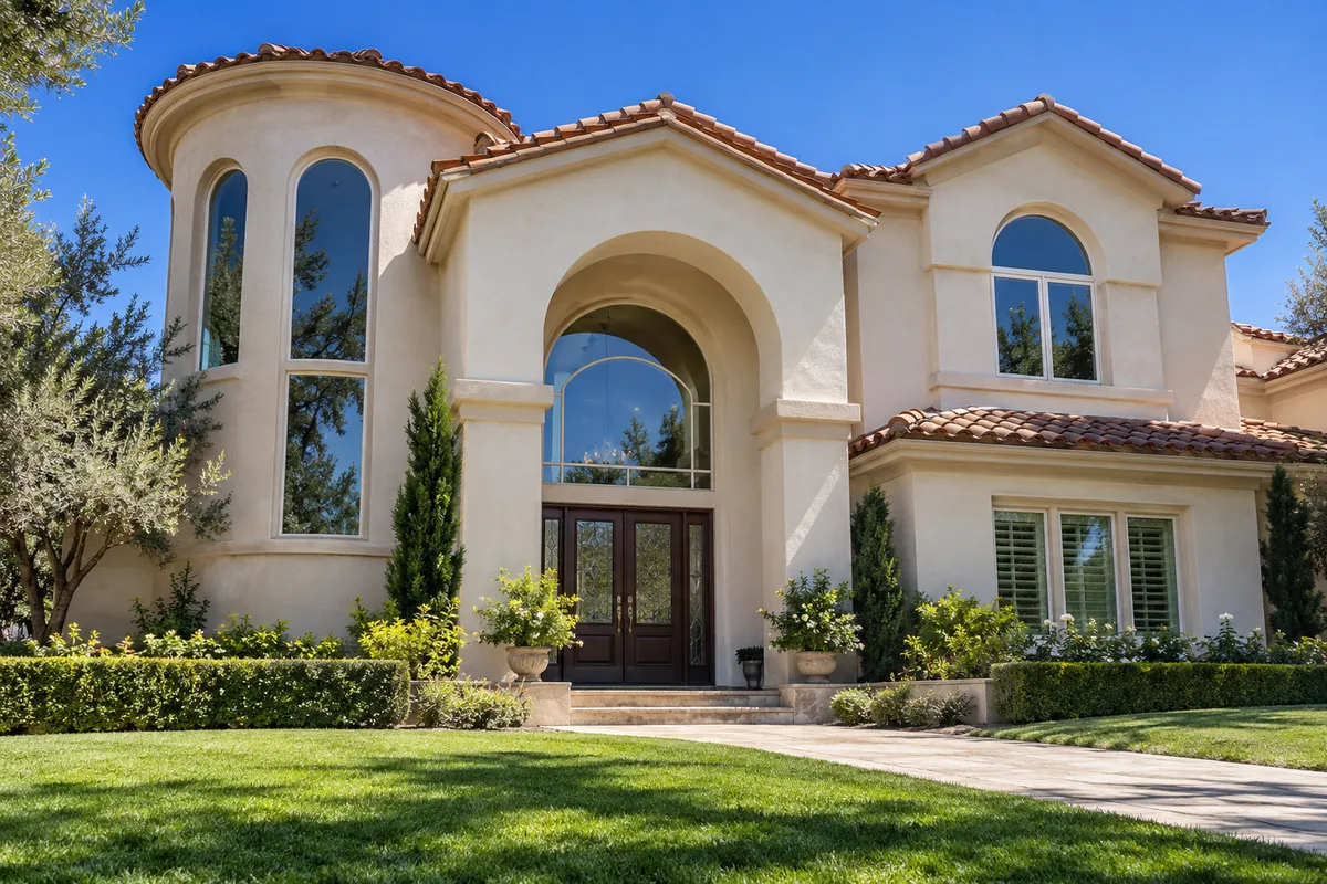 Cream stucco Mediterranean home with tall arched and half-round windows by the entry and tower under a clay tile roof