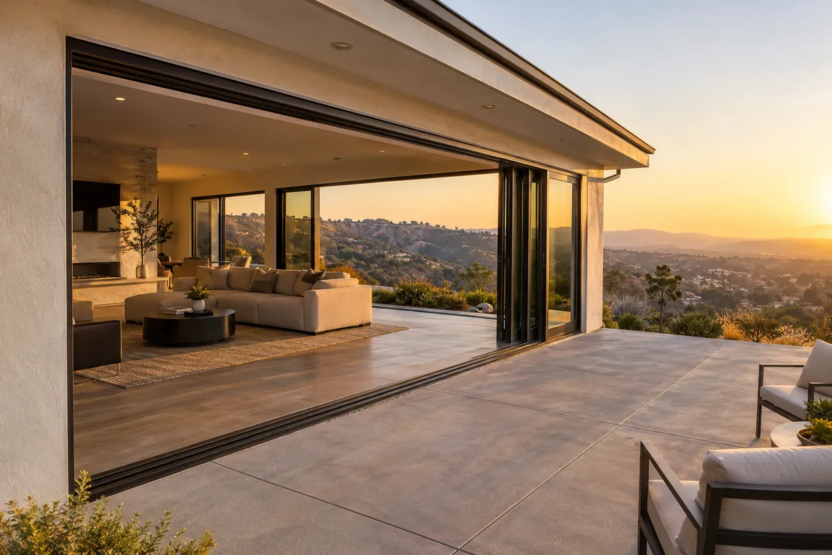 Wide bronze multi-slide glass door opened onto a concrete patio, with a living room inside and hills at sunset