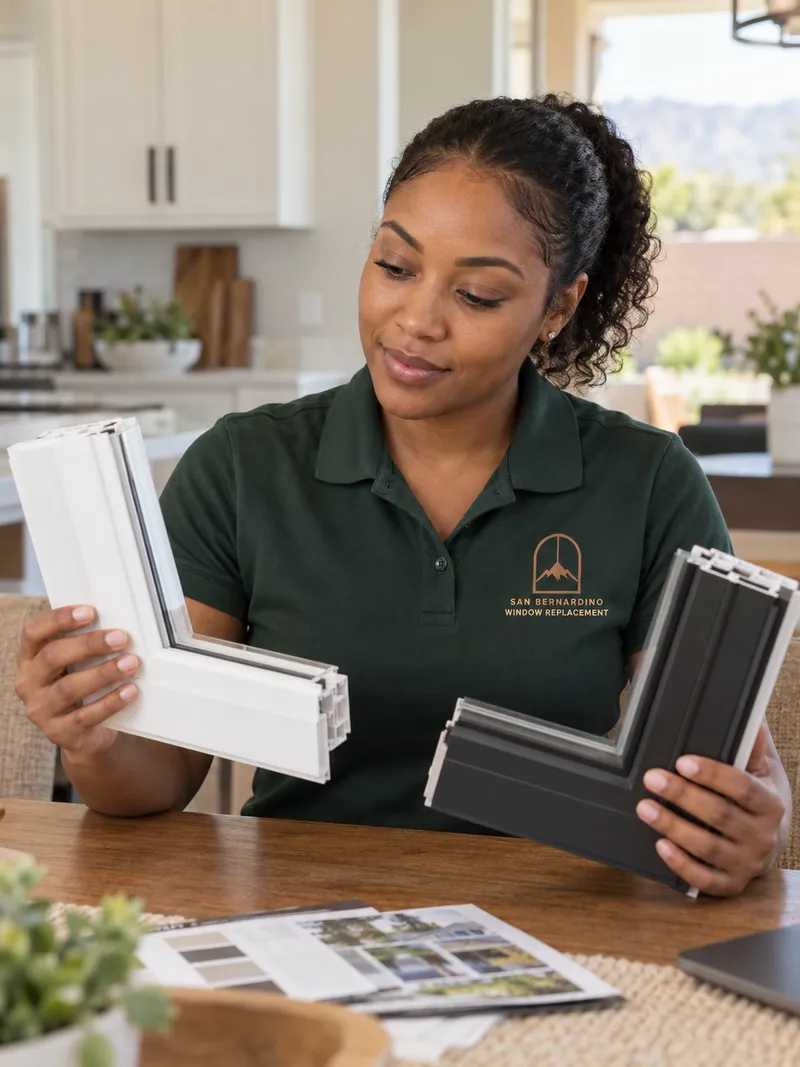 Woman with curly hair pulled back in a forest green company polo comparing a white and a charcoal window frame corner sample at a wooden kitchen table