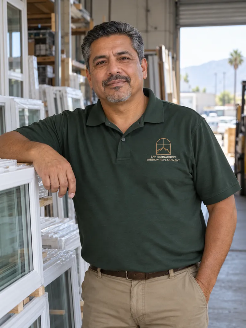 Man with short grey-streaked hair and a salt-and-pepper goatee in a forest green company polo leaning on stacked new white vinyl window frames in a warehouse bay with a roll-up door