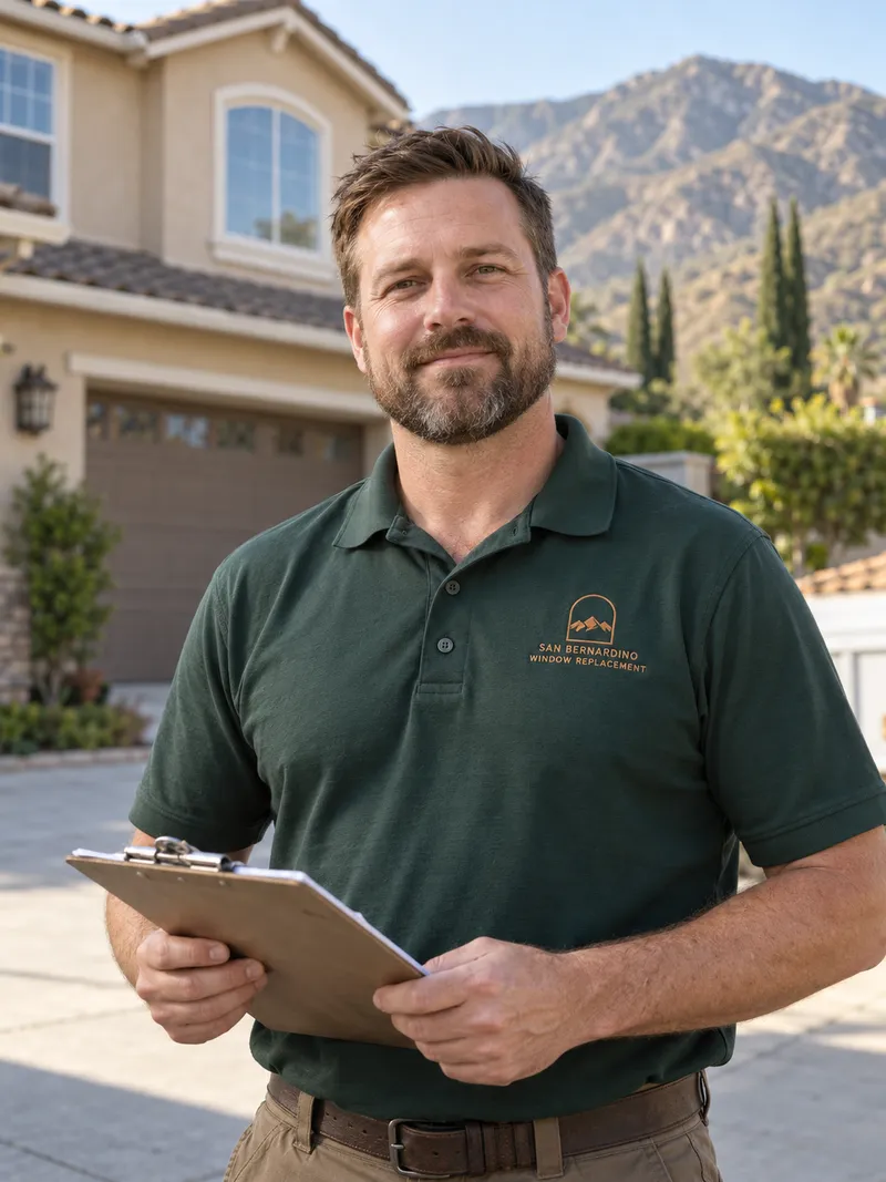 Man with a short brown beard in a forest green company polo holding a clipboard in front of a two-storey stucco home with a tile roof and foothills behind