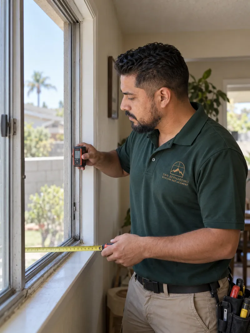 Man with a short dark beard in a forest green company polo measuring an old aluminum slider window with a laser meter and tape measure