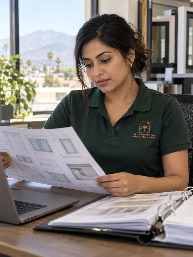 Woman with dark hair in a bun in a forest green company polo reading a window schedule drawing at a desk with a laptop and a binder