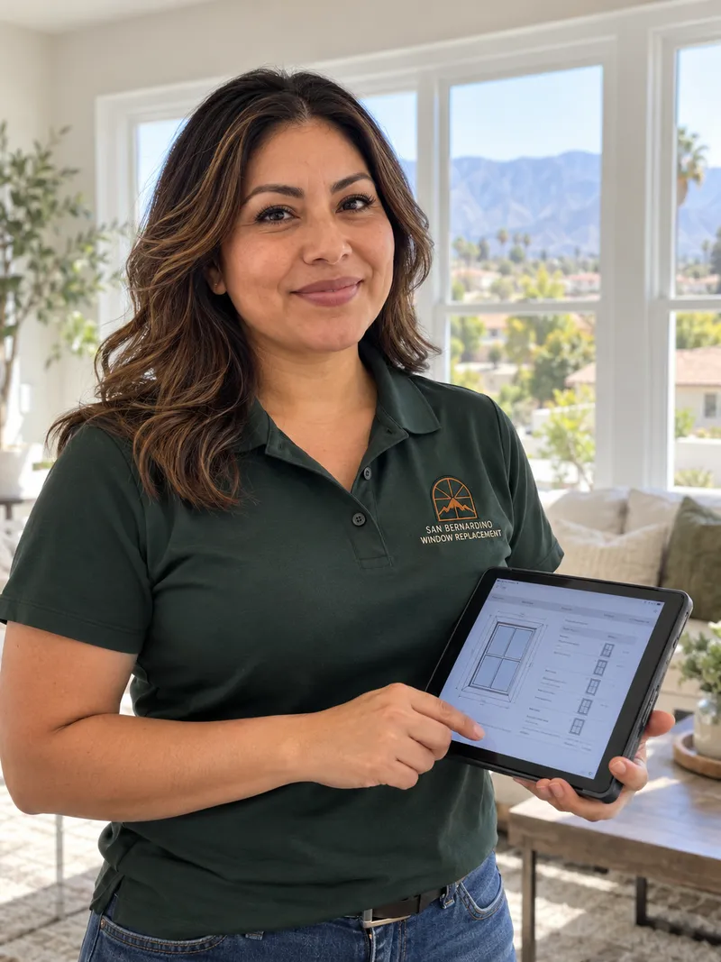 Woman with long wavy brown hair in a forest green company polo holding a tablet showing a window order sheet in a bright living room with white windows and mountain views